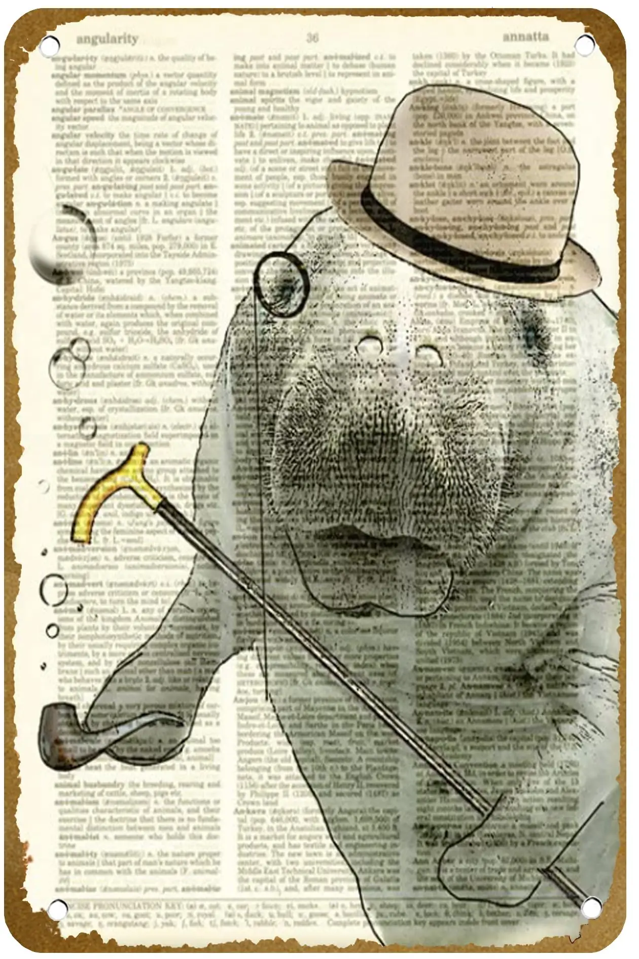 Dandy Manatee Is Looking Dashing Today With Bowler Hat And Pipe Beautifully Upcycled Dictionary Page Book Poster Vintage Metal T