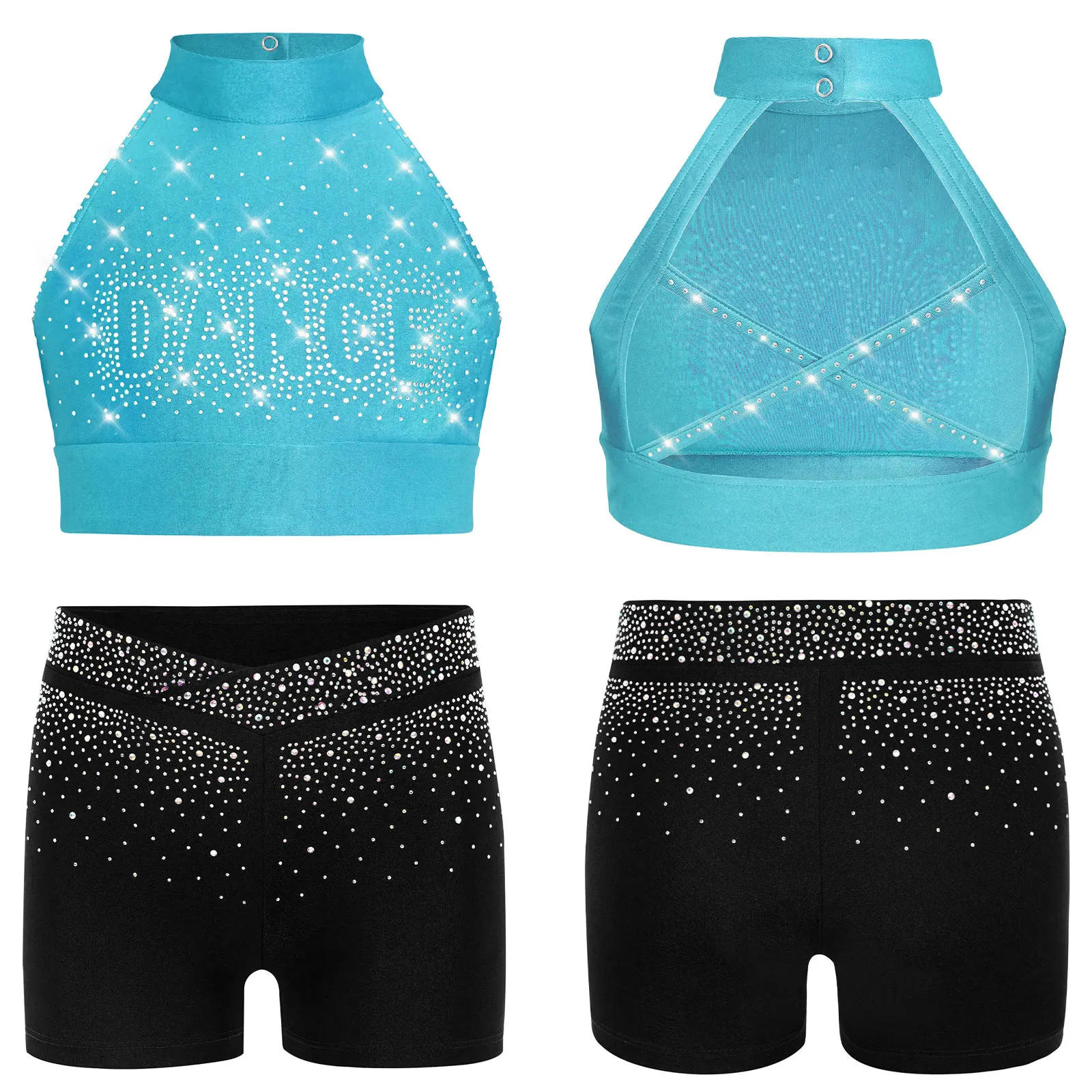Kids Cheerleading Dance Outfit Girls Halter Sleeveless Rhinestones Crop Top with Bottom for Skating Gymnastics Ballet Jazz Dance