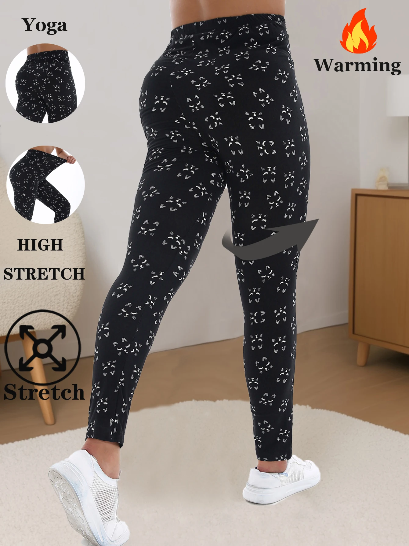 Autumn Winter 1PACK Women's Black Bottom Cat With Thick Velvet Sexy Tight Legging Casual Sports Elegant Nine Point Yoga Pants