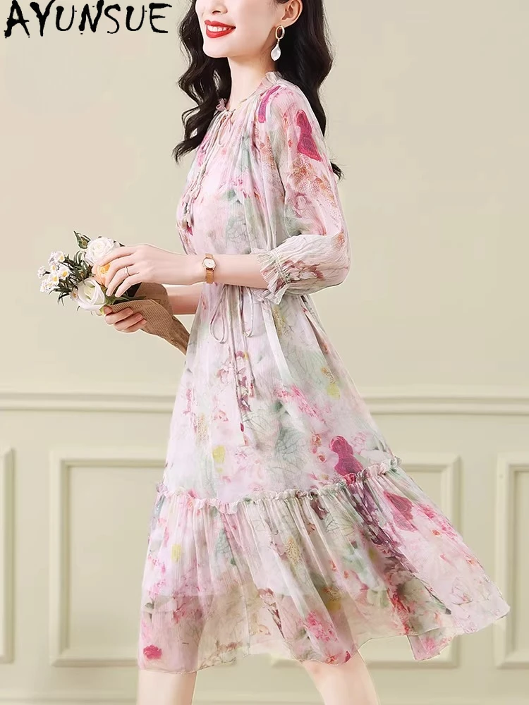 AYUNSUE 100% Real Mulberry Silk Long Dress for Women Clothes New Syle Summer Dress 2026 Elegant Womens Dresses Платье Женское