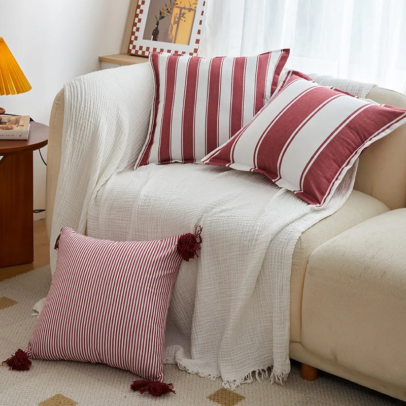 Red and White Checkered Striped Body Pillow Nordic Sofa Back Cushion with Tassel Comfortable Neck Pillow for Cervical Protection