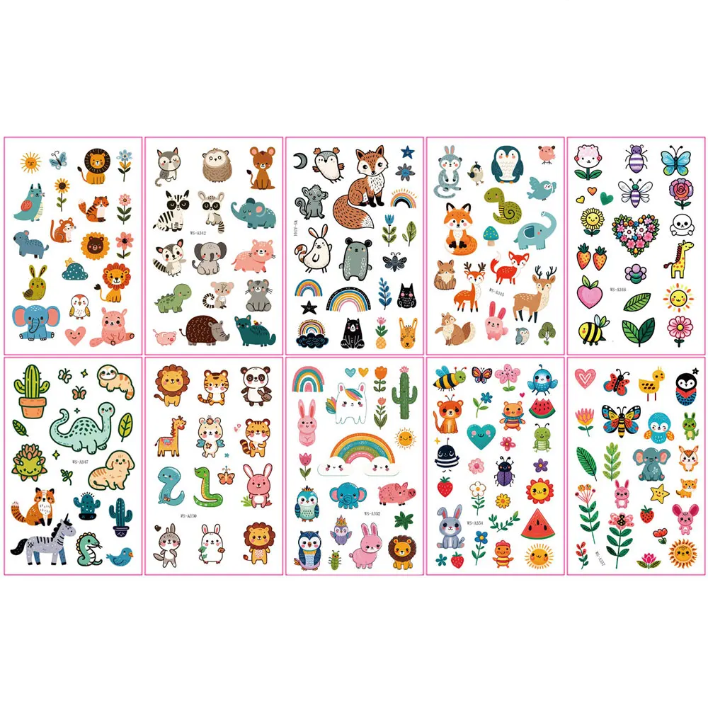 10pcs Cartoon Temporary Tattoos Lion Flower Dinosaur Animal Fake Tattoo Stickers Cute Tattoo Body Decor