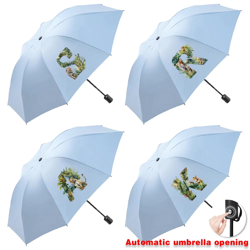 

Automatic Umbrella Portable Sunshade Sunscreen Rain Umbrella Blue Handle Fold Jungle Tiger Letter Printing Travel Sun Rain Dual