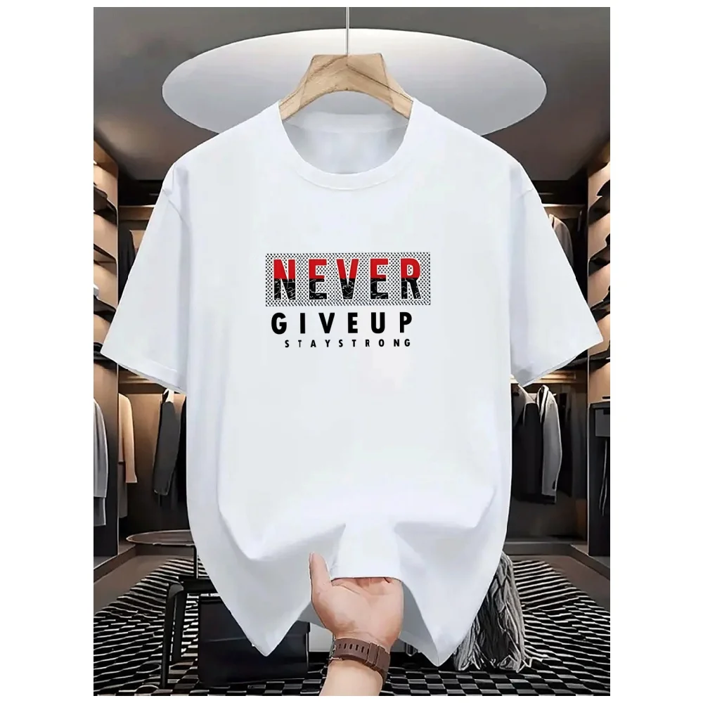 Guys Polyester O‑Neck T‑Shirt, Eye‑Catching Never Give Up Stay Strong Slogan Print, Short Sleeve Athletic Casual Tops For Summer