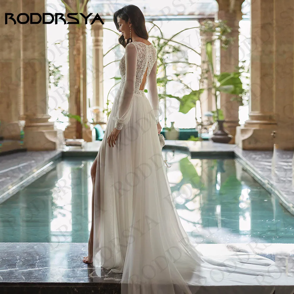 RODDRSYA Boho Wedding Dresses Long Sleeves Beach Lace V Neck Split Chiffon Backless A Line Bridal Gowns Women Robe Mariage Femme