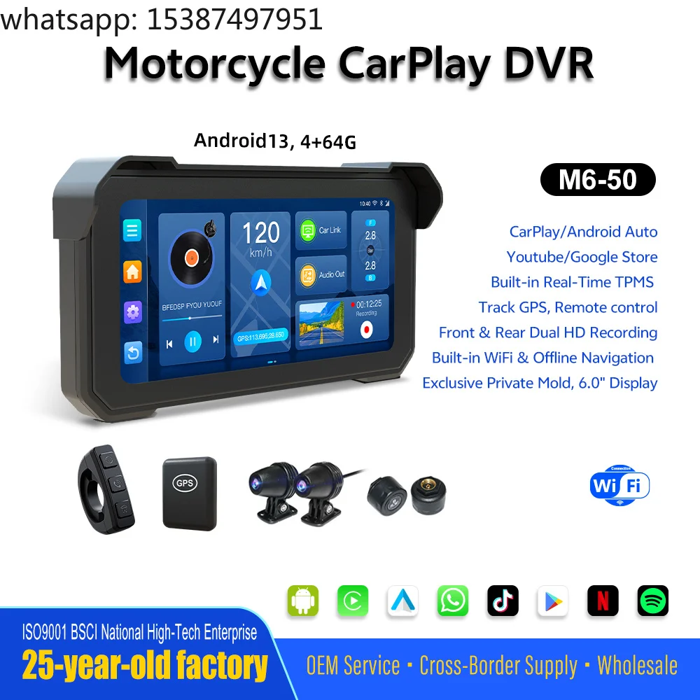 For 6.25 Inch Motorcycle CarPlay Screen Android 15 With GPS Navigation and Positioning Tire Pressure Monitoring and Dash Cam