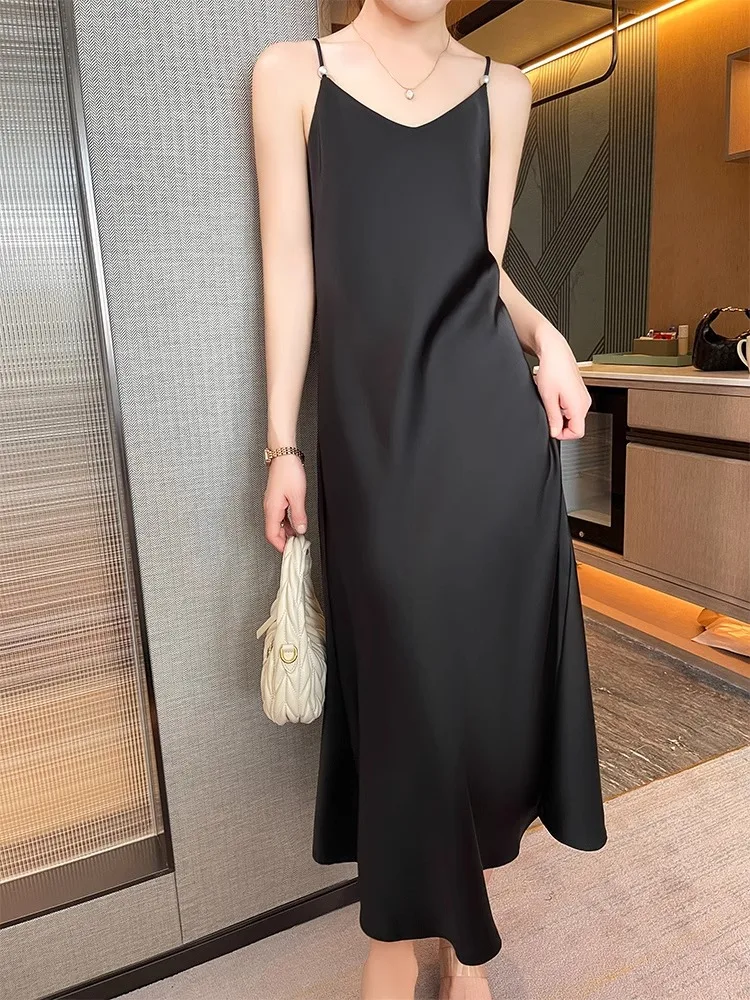 Red Acetate Satin ter Dr Women's 2025 New Sle Suit Inner Wear Long Dr High Waist A-Line Skirt V-Ne Svel