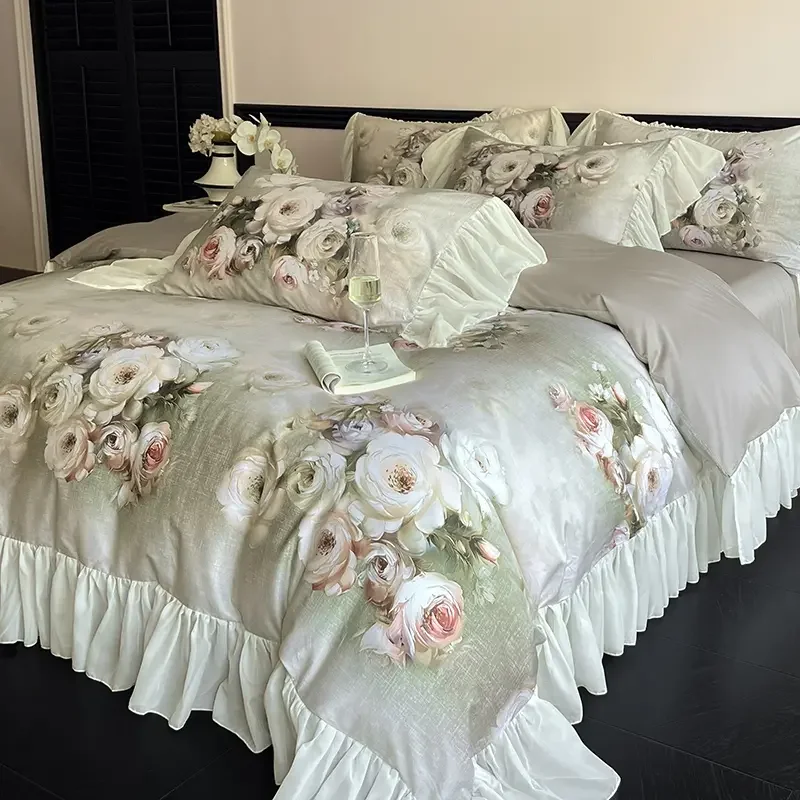 Floral Digital Printing Bedding Sets Grey Lace Ruffles Quilt/Duvet Cover Fitted Bed Sheet Pillowcases Mattress Cover