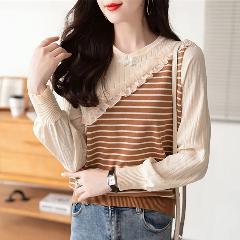 New Spring Fashion Korean Edition Colorblock Stripe Round Neck Loose and Versatile Western Women's Knitted Long Sleeve Sweater