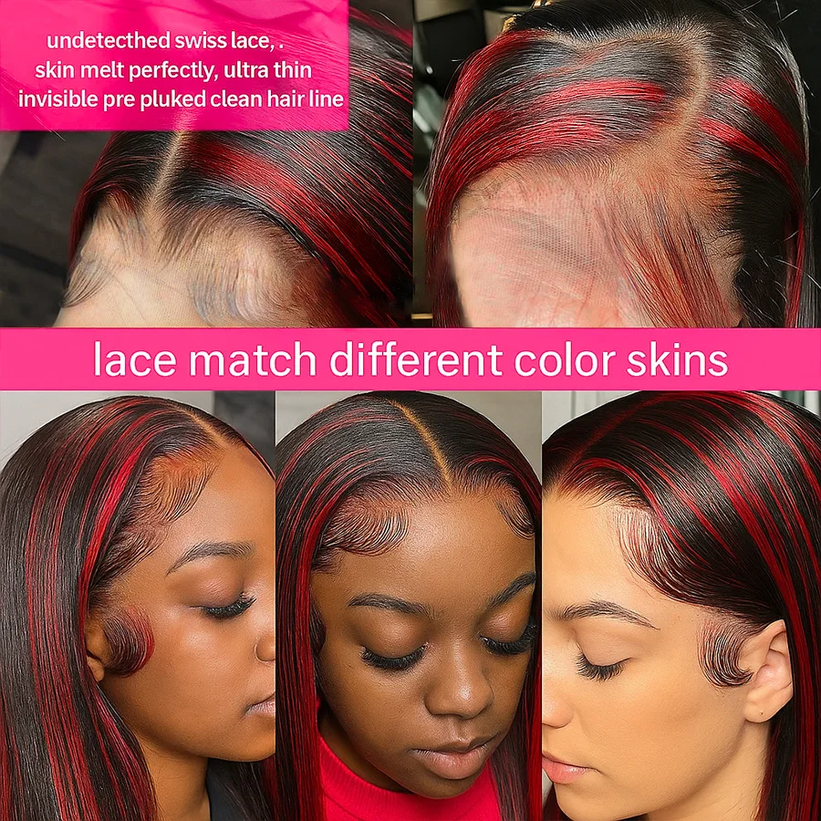 No Silk 1B/99J Highlight Straight 5x5 Glueless Wig Human Hair Vietnamese PrePlucked Ombre Red With Black Colored Lace Front Wigs image 4