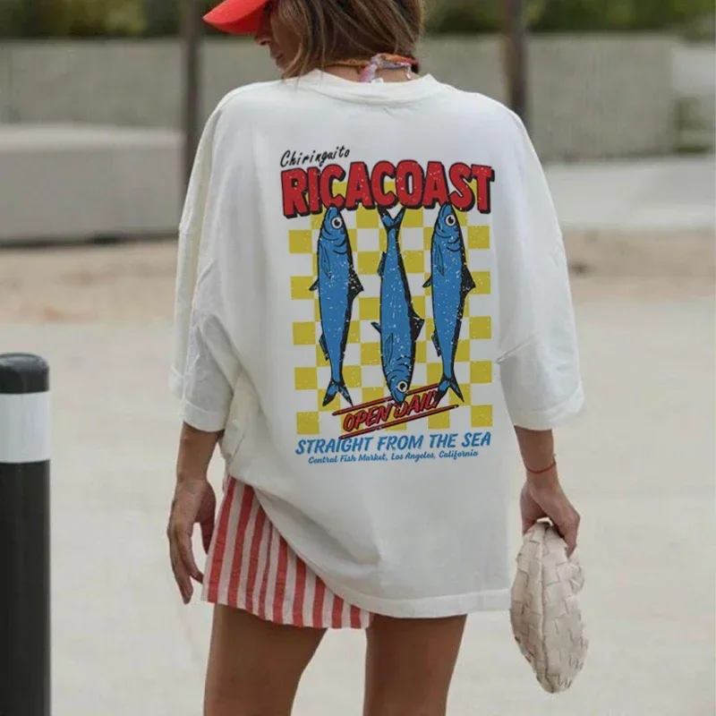 Back Print Sardine T-Shirts Cute Y2k Seafood Graphic Tees Summer Retro Aesthetic Streetwear Tops Unisex Women Clothing Oversized