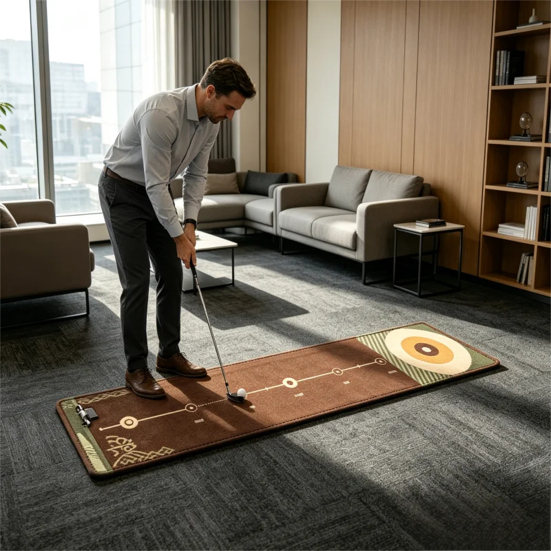 VIKAMA Foldable Golf Putting Training Mat Polyester Anti Slip Indoor Practice Rug Home Office Decor