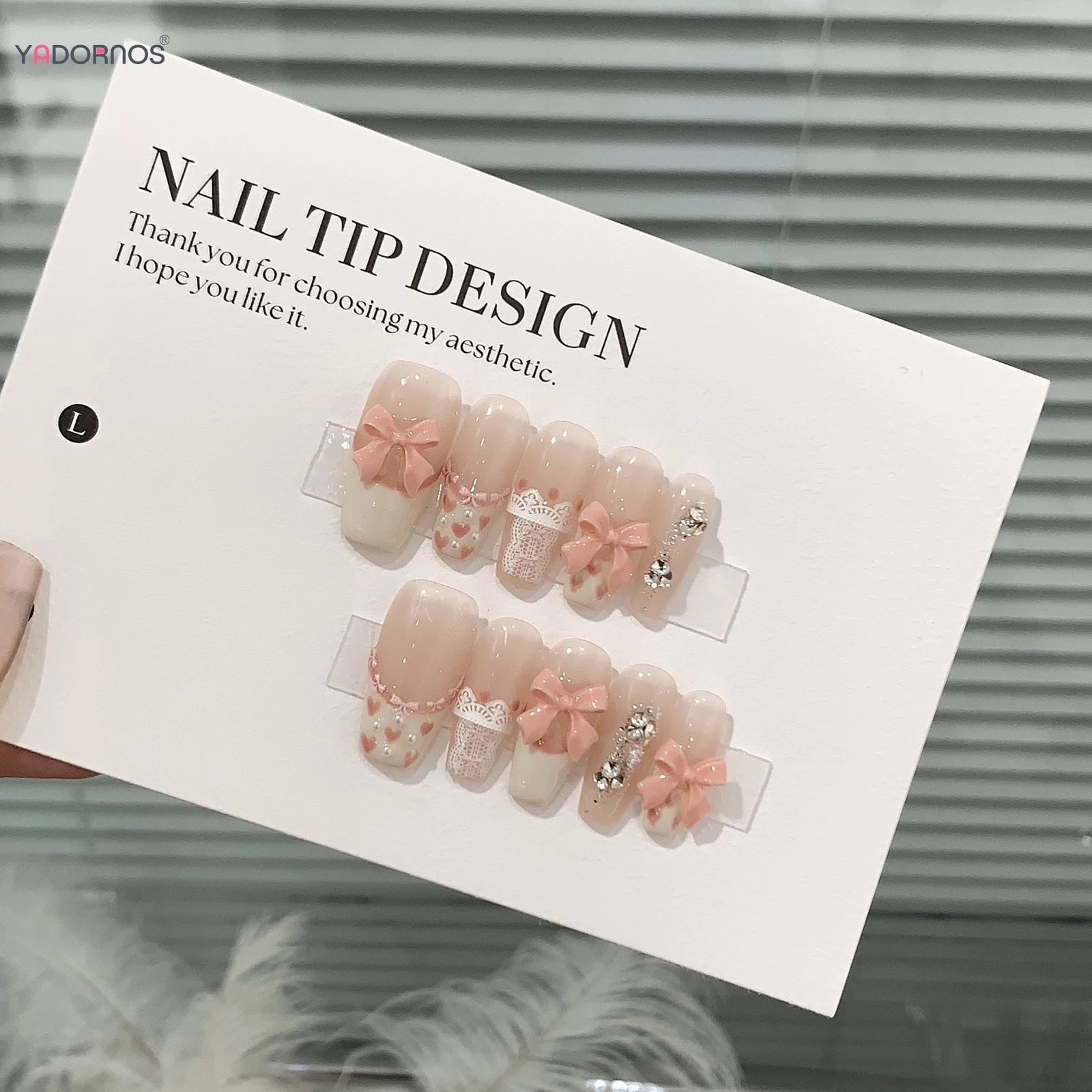 Nude Color Press on Nails 3D Pink Bowknot Designs Handmade French Style Fake Nails Glossy Diamond Decor Korean Fashion Nails Art