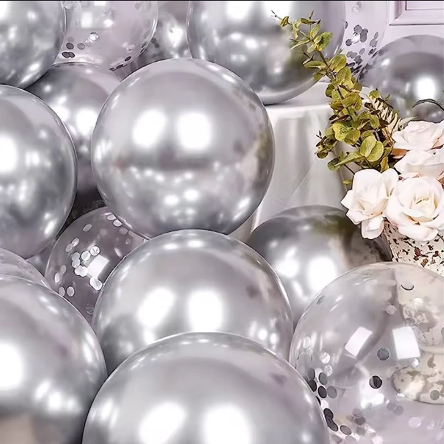 10 Stück 12 Zoll silberne Luftballons, Konfetti, Metalllatexballons, Weihnachten, Geburtstag, Hochzeit, Partydekoration