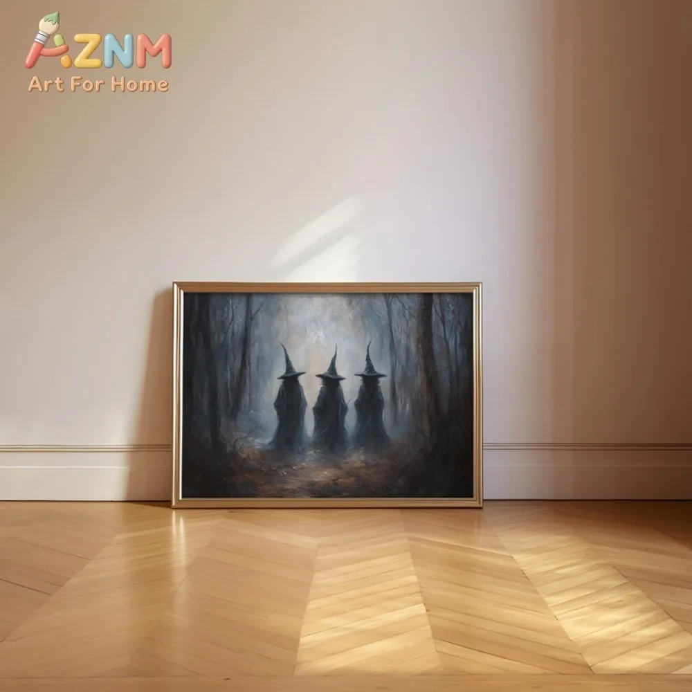 AZNM Three Mysterious Witches Misty Dark Forest Canvas Wall Art, Gothic Spooky Halloween Frameless Canvas Print Poster for Indoo