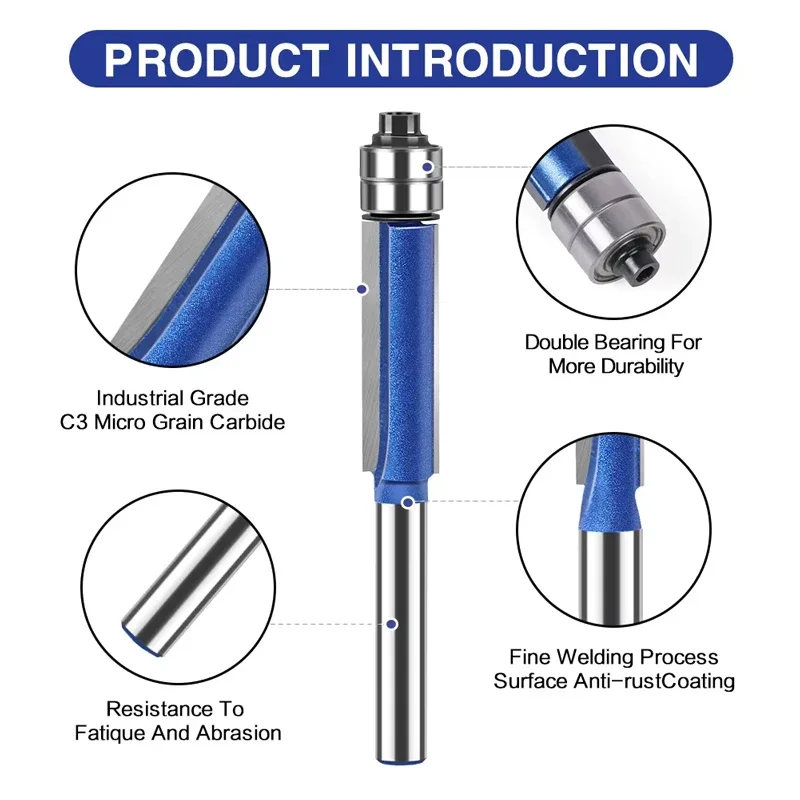4Pcs 6mm Shank Flush Trim Router Bit Set With Bearing Template Pattern Milling Cutter For Woodworking Cabinet Furniture Trimming