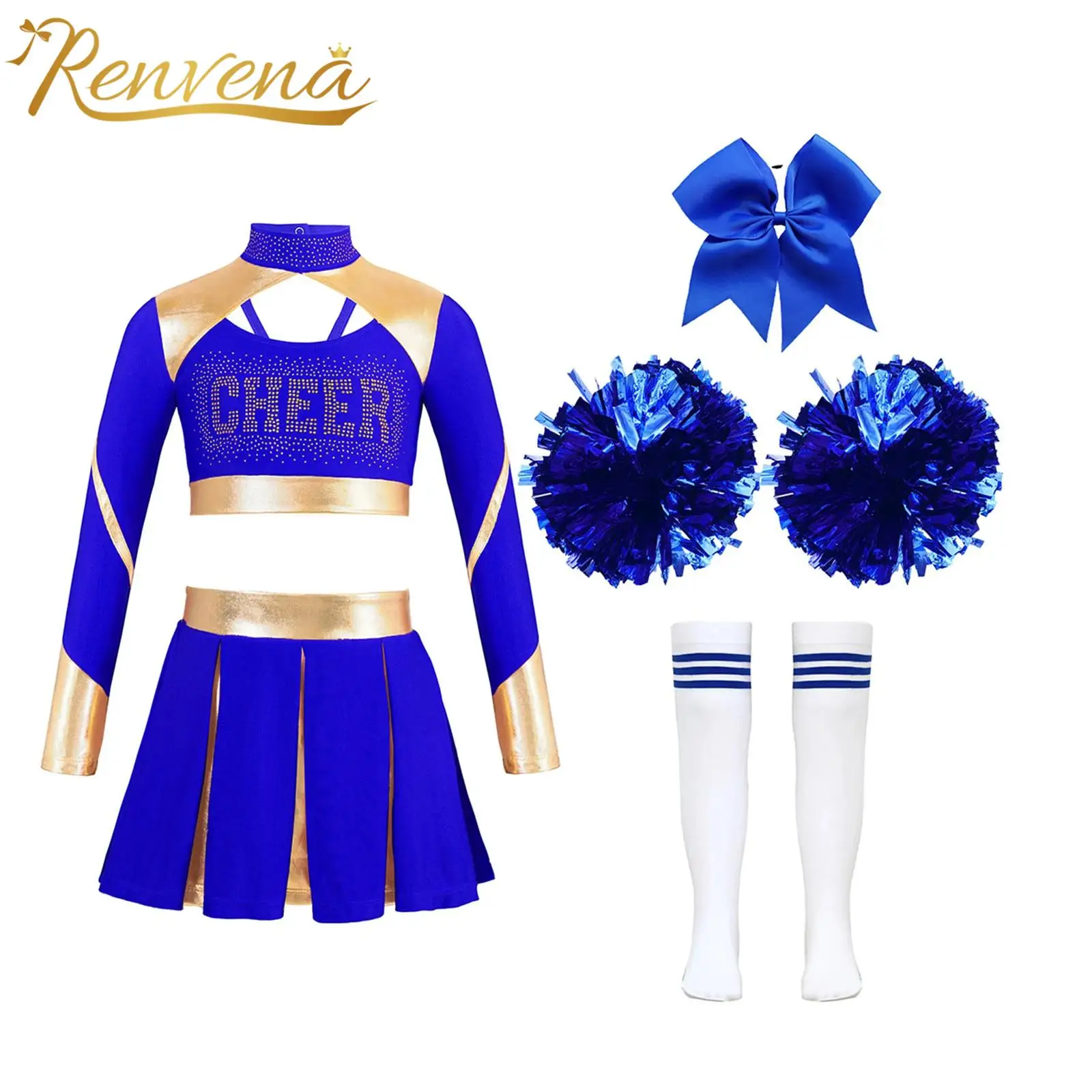 

Kids Girls Contrast Color Cheerleading Outfit Crop Top Pleated Skirt Striped Stockings Flower Balls Suits Cheerlead Costume Sets