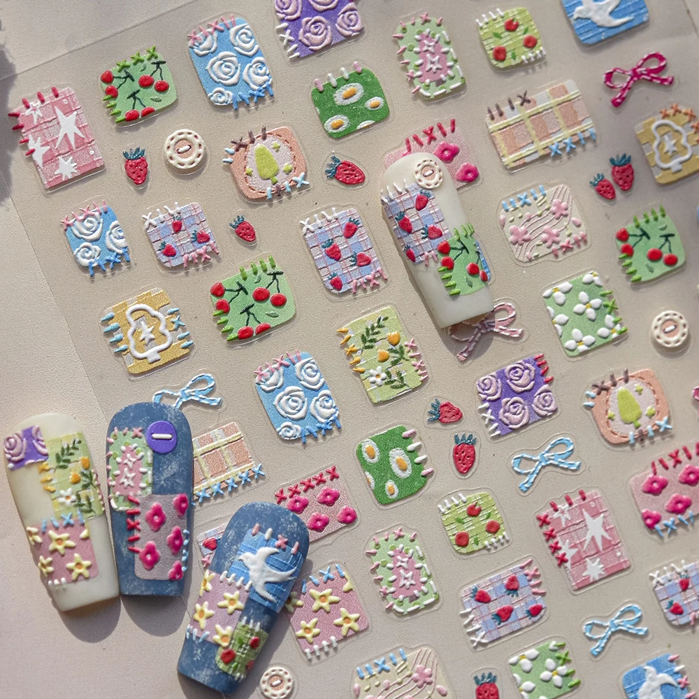 Grid Colorful Flower Cherry Strawberry Bowknot Seagull Bird Ballet Style 5D Nail Stickers Soft DIY Fabric End Stickers Nail Art