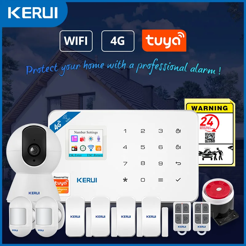 KERUI 4G tuya APP Remote Control Home Alarm Security System WiFi Wireless Burglar Alarm Set with Motion Sensor Door Sensor W184