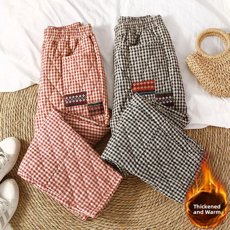 High Waist Cotton down Blend Harlan Pants Women's Outerwear Warm Linen Mix Light Weight Checkered Pants Long Lantern Trousers