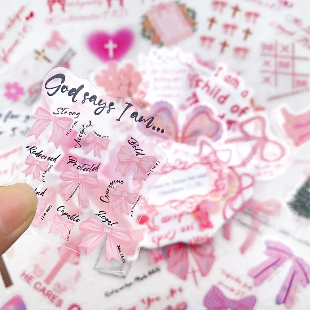 50pcs Pink Bownet Bible Transparent PET Stickers Decals For Laptop Notebook Refrigerator Guitar DIY Cartoon Aesthetic Stickers