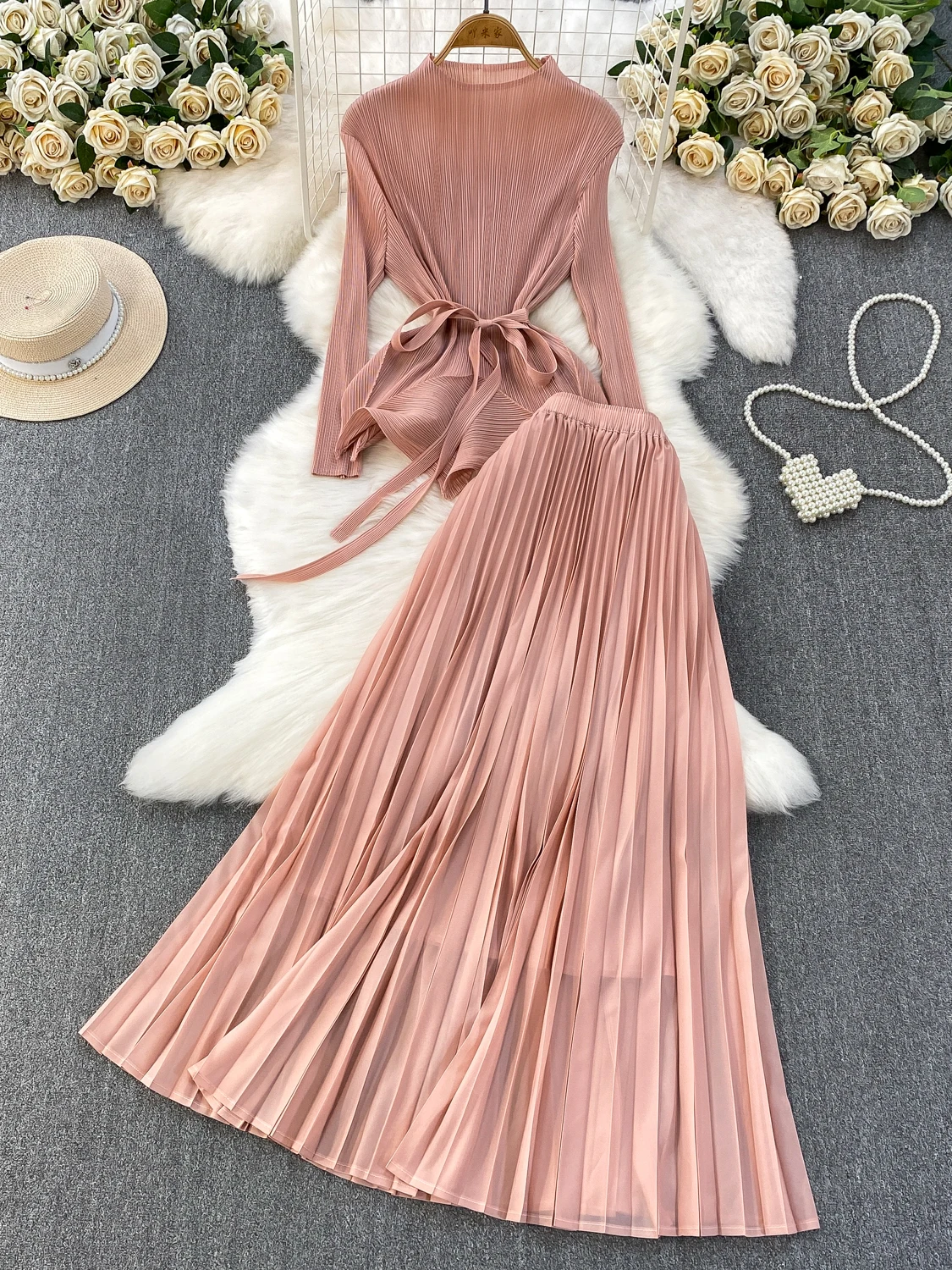 

Ele плиссированный круглый топ с поясом, комплект из двух предметов, длинная юбка свободного кроя с высокой талией, повседневная зимняя мода для подростков