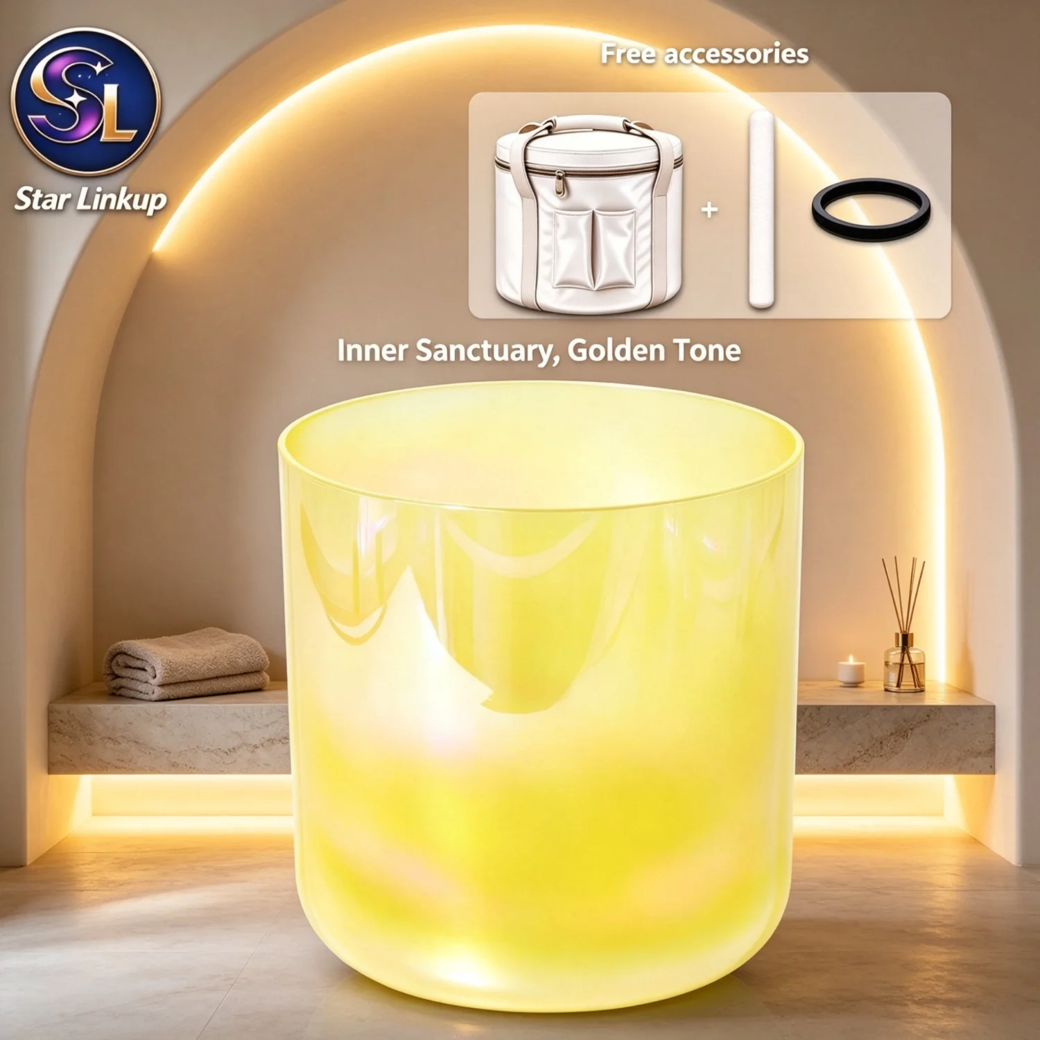 Yellow Aura Quartz Crystal Singing Bowl with Bag, Mallet, O-ring, Sound Healing Instrument for Meditation Yoga Sound Bath
