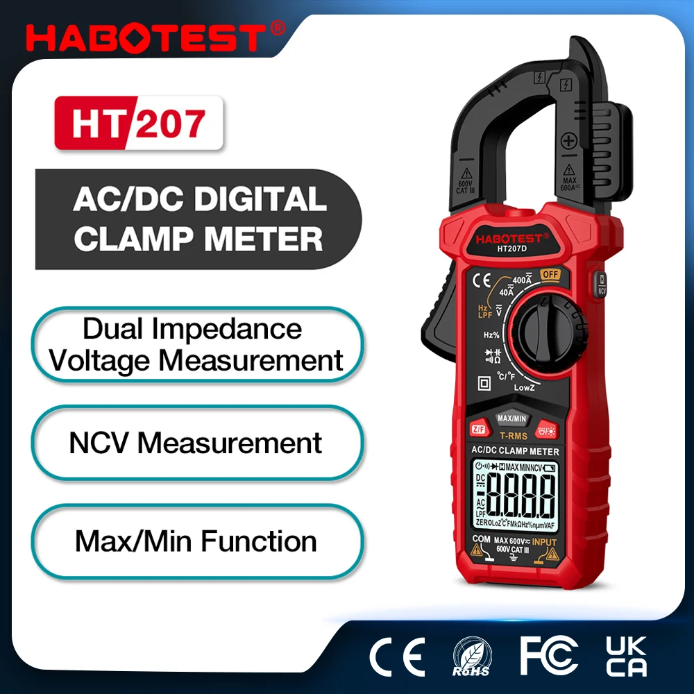 HABOTEST HT207 Digital Clamp Meter 600V True RMS AC/DC Current Amp Meter Measures Voltage Capacitance Temperature Ohm Tester