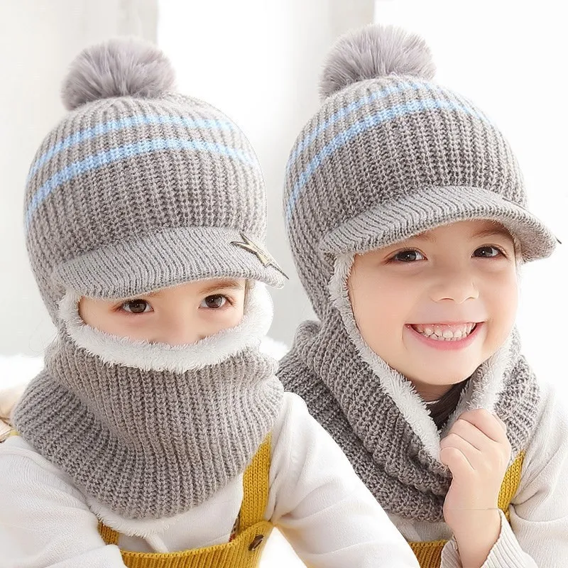 Winter Baby Children Cute Knitted Plush Scarf Hat Two-piece Double Fleece Warmth Boys Girls Soft Outdoor Windproof Hat Kids Hat