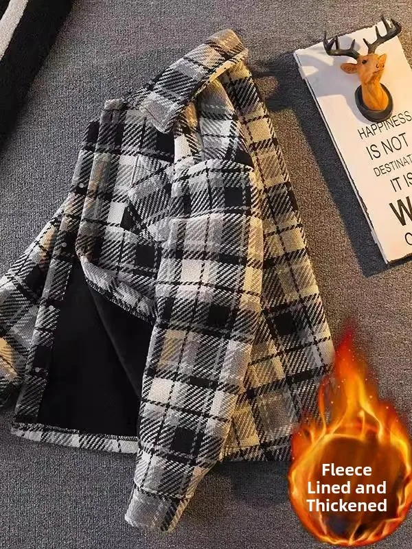 Men's Winter Fleece Lined Woolen Plaid Shirt Jacket Long Sleeve Warmth Outerwear Fashionable Brand Youth  Loose Fit Autumn...