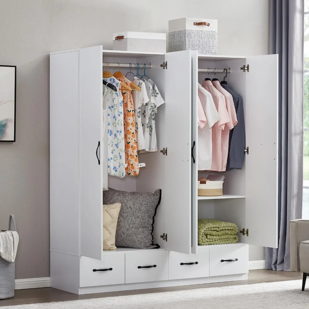 Wooden Wardrobe Large Capacity Tall Wardrobe with 4 Doors, 4 Drawers, Mirror, 2 Hanging Rails and Shelves for Bedroom