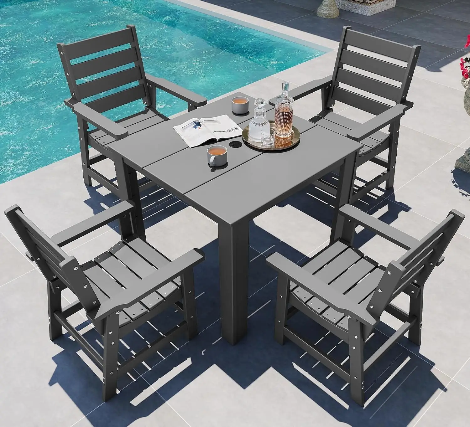 HDPE Square Patio Dining Table & 4 Chairs Set, Weather Resistant Outdoor Furniture, Gray, Customized