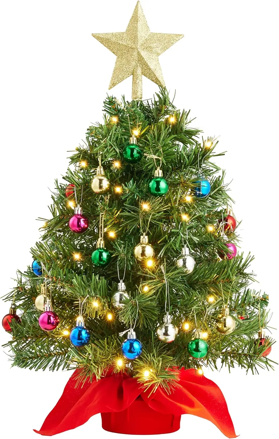Sloosh 24"/2FT Mini-Weihnachtsbaum Tischset mit klaren LED-Lichtern, künstlicher Mini-Weihnachtsbaum mit hängenden Ornamenten