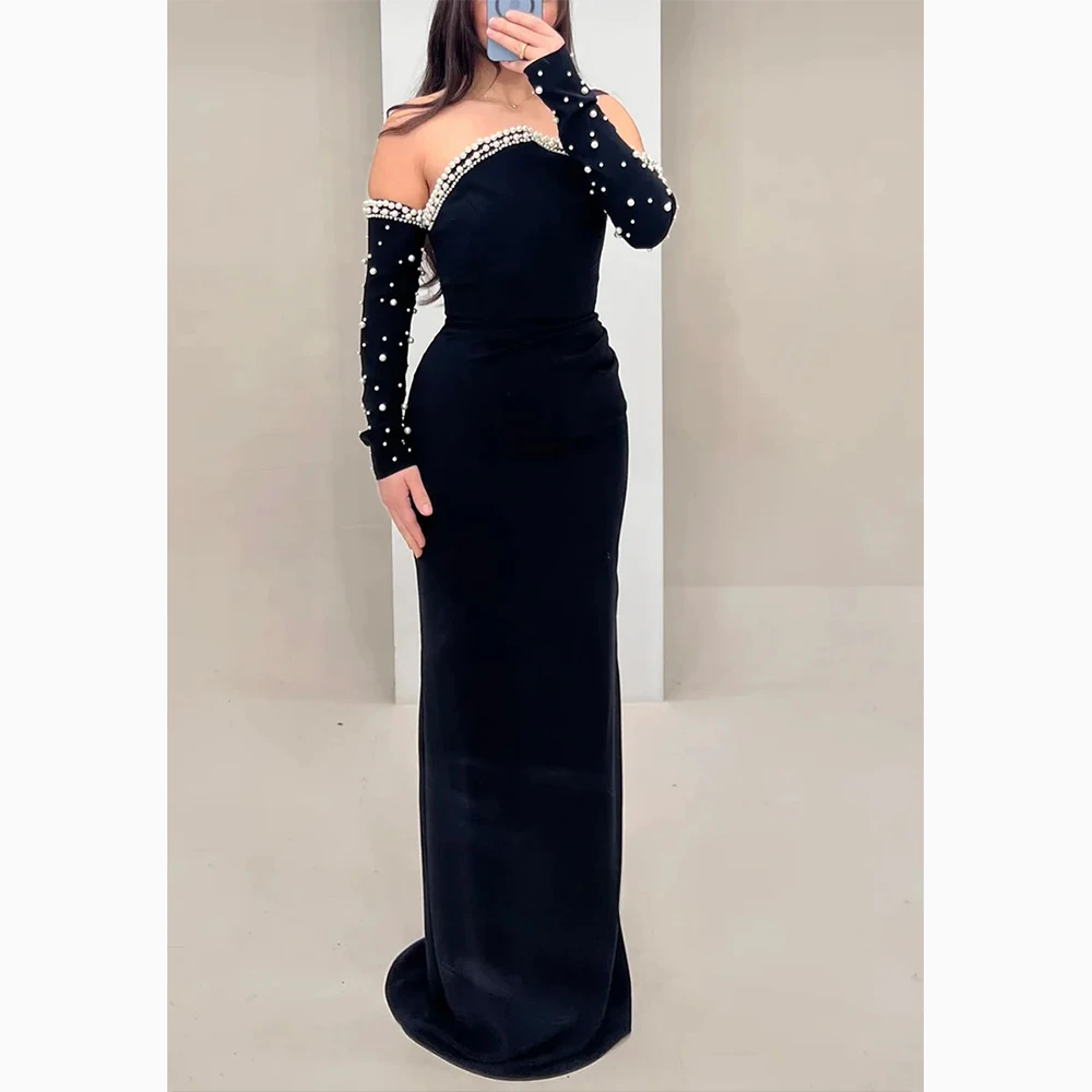 

Customized Blue Strapless Arm Sleeves Evening Dresses Pearls Prom Gowns Self-culticatuion Straight Floor Lenght Prom Dress
