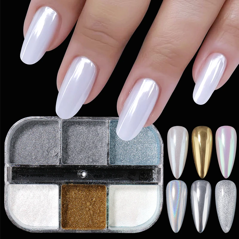 6Grids Mirror Nail Powder Pearl Chrome Nails Aurora Holographic Mermaid Pigment Dust Gold Silver Metal Glitter Cat Eye Nail Art