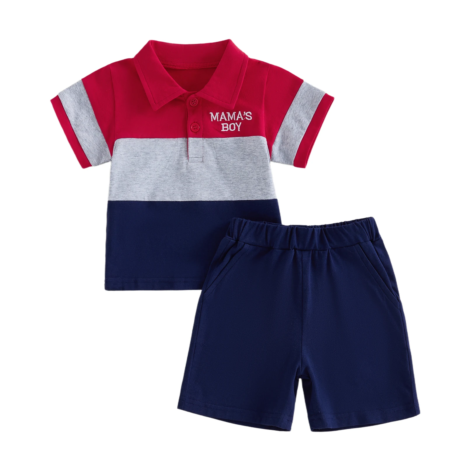 Toddler Baby Boy Summer Outfit Letter Embroidered Contrast Color Button Collared Short Sleeve Tops and Shorts 2 Pcs Set