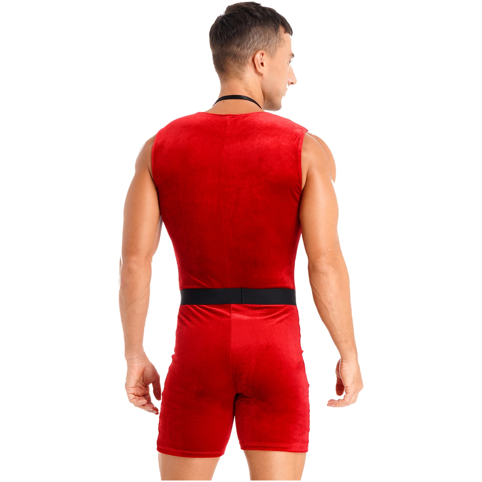 Disfraz de Navidad para hombre, traje de fiesta de año nuevo de Santa Claus, traje rojo de terciopelo, mono sin mangas con pajarita