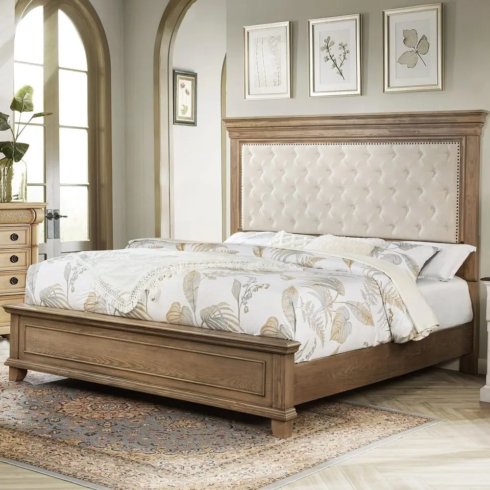 

68 in Tall King Size Bed Frame with holstered Headboard, Solid Wood Farmhouse Platform Bed, Bohemian Tufted Wooden Panel Desi