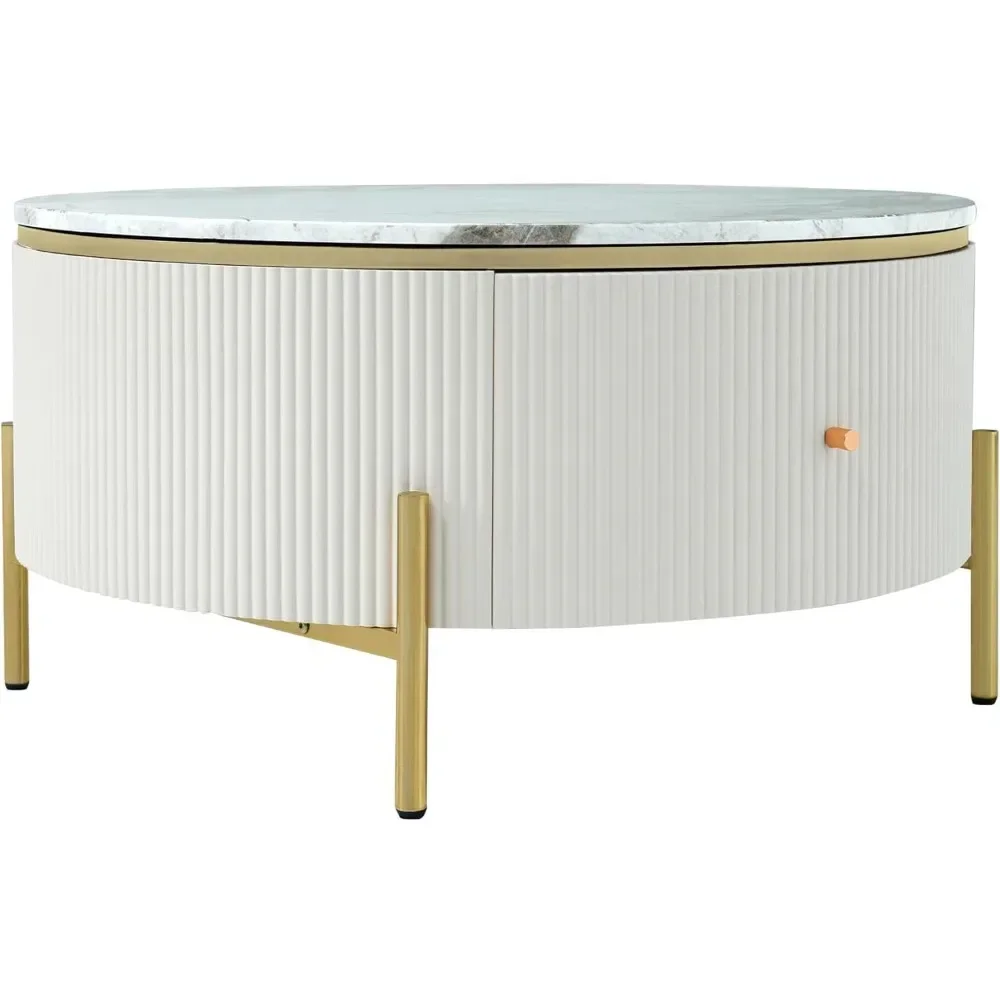 Coffee Table with Drawers Round Drum with Golden Legs Circular Center Tables with Marble Pattern Top, Coffee Table