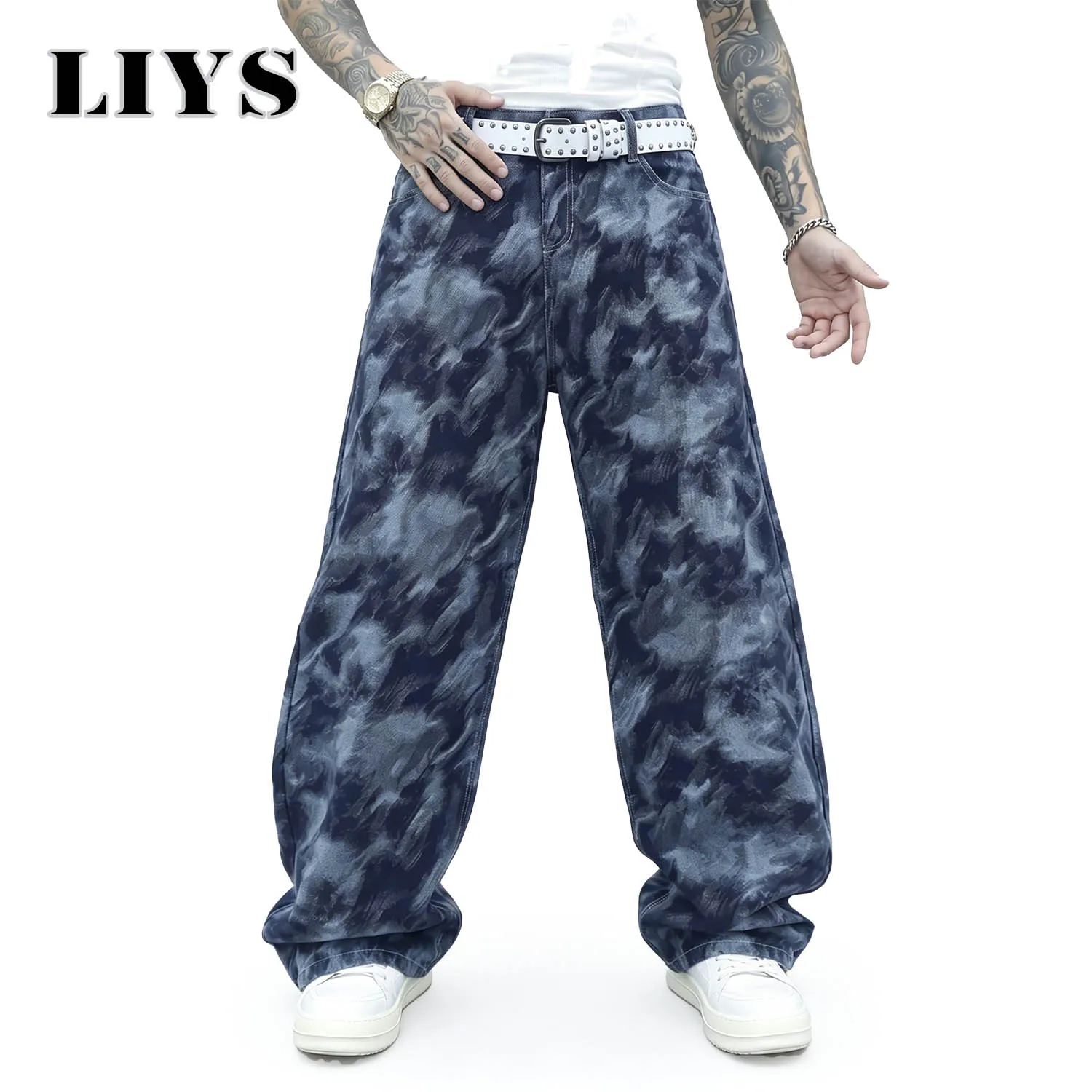 

LIYS Men's American Fashion Trendy Brand Ink Dyeing Printed Wash Straight Tube Loose Oversize Denim Casual Street Cool Y2K Style
