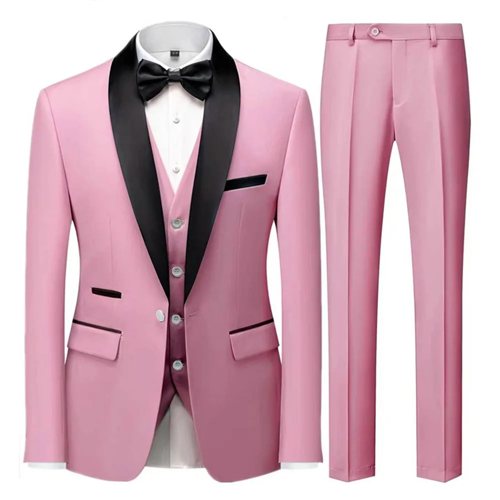 Men'S Green Leaf Collar Three-piece Formal Suit | Contrasting Color Design, Tailored Fit, Includes Vest, Shirt, Pants