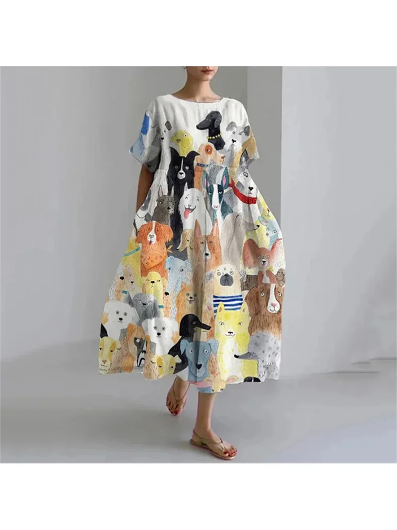 Fashion New Product Loose Round Neck Pocket Dress Casual Fashion Dress Flower Printed Short Sleeve Long Dress For Women