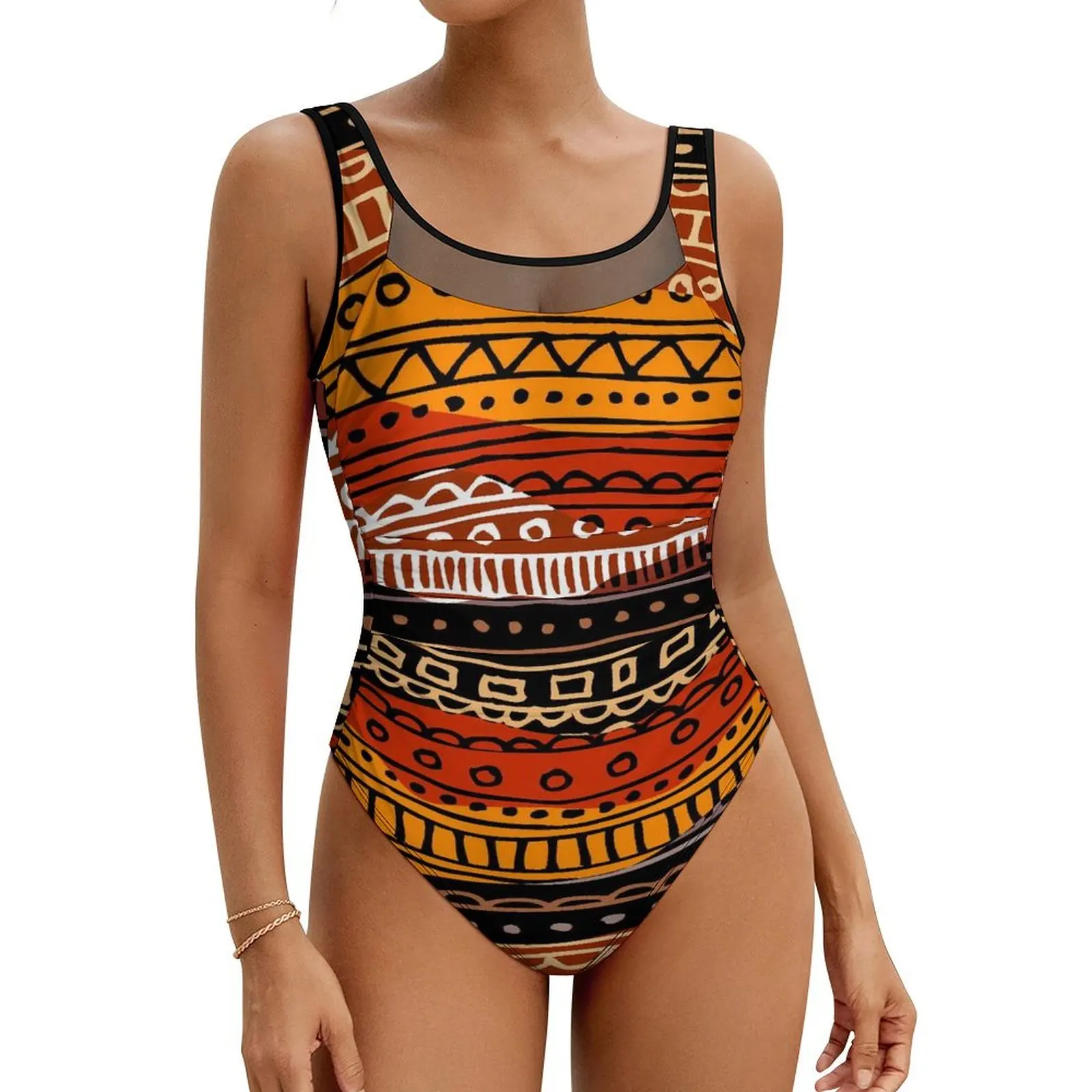 Traje de baño Tribal marrón, traje de baño con estampado Vintage, traje de baño de una pieza con diseño de playa, trajes de baño sin espalda, trajes de playa con realce para mujer