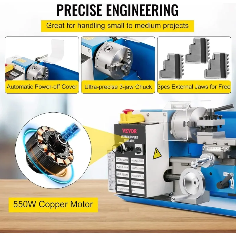 VEVOR mini-metaaldraaibank, 7 "x 14" tafelmodel metalen draaibank, 550 W variabele snelheid 2250 RPM metalen draaibank, met 3-klauwplaat CNC-minidraaibank