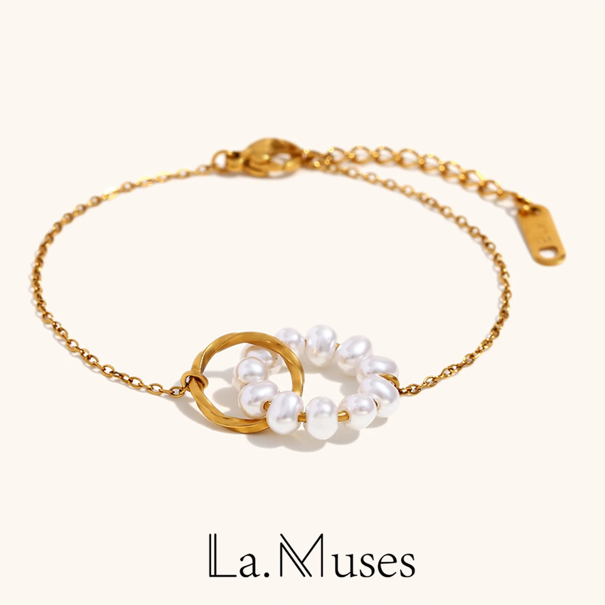 La. Muses minimalistische dubbele ring zoetwaterparel armband roestvrij staal damesarmband mode-sieraden cadeau