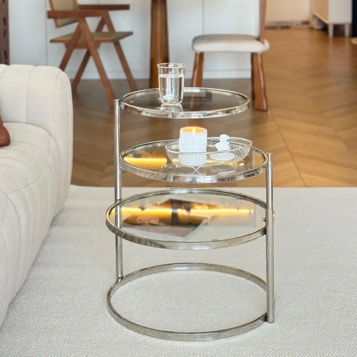 DSA Nordic small apartment coffee table rotating tempered glass transparent round creative stainless steel living room household