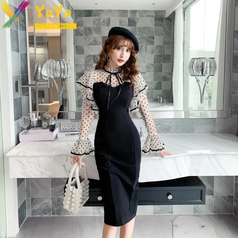 

Elegant Formal Black Transparent Polka Dot Trumpet Sleeve Ruffle Dress Autumn/Winter Fashion temperament Slim Fit Party Dress