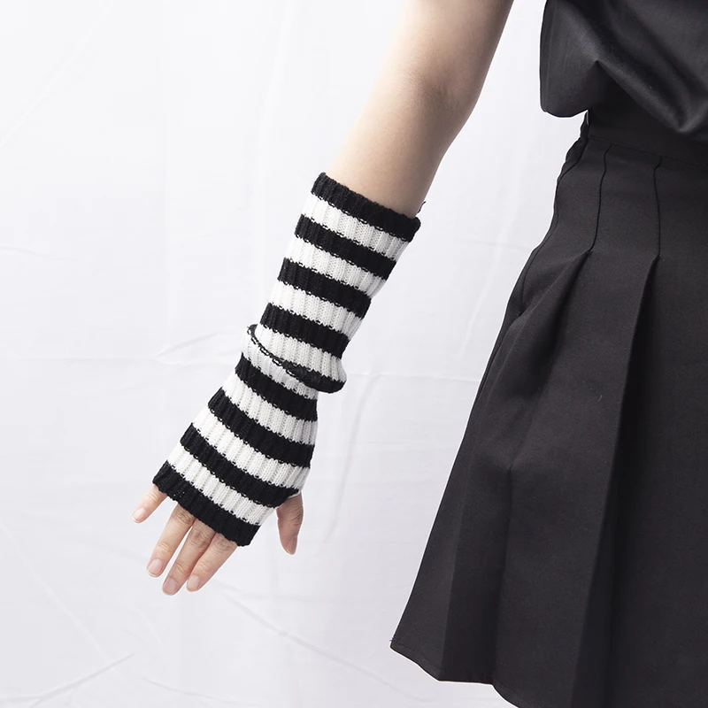 1Pair Knit Fingerless Gloves Women Soft Black White Stripes Warm Knitted Arm Warmers Winter Hand Accessories Stylish Elastic