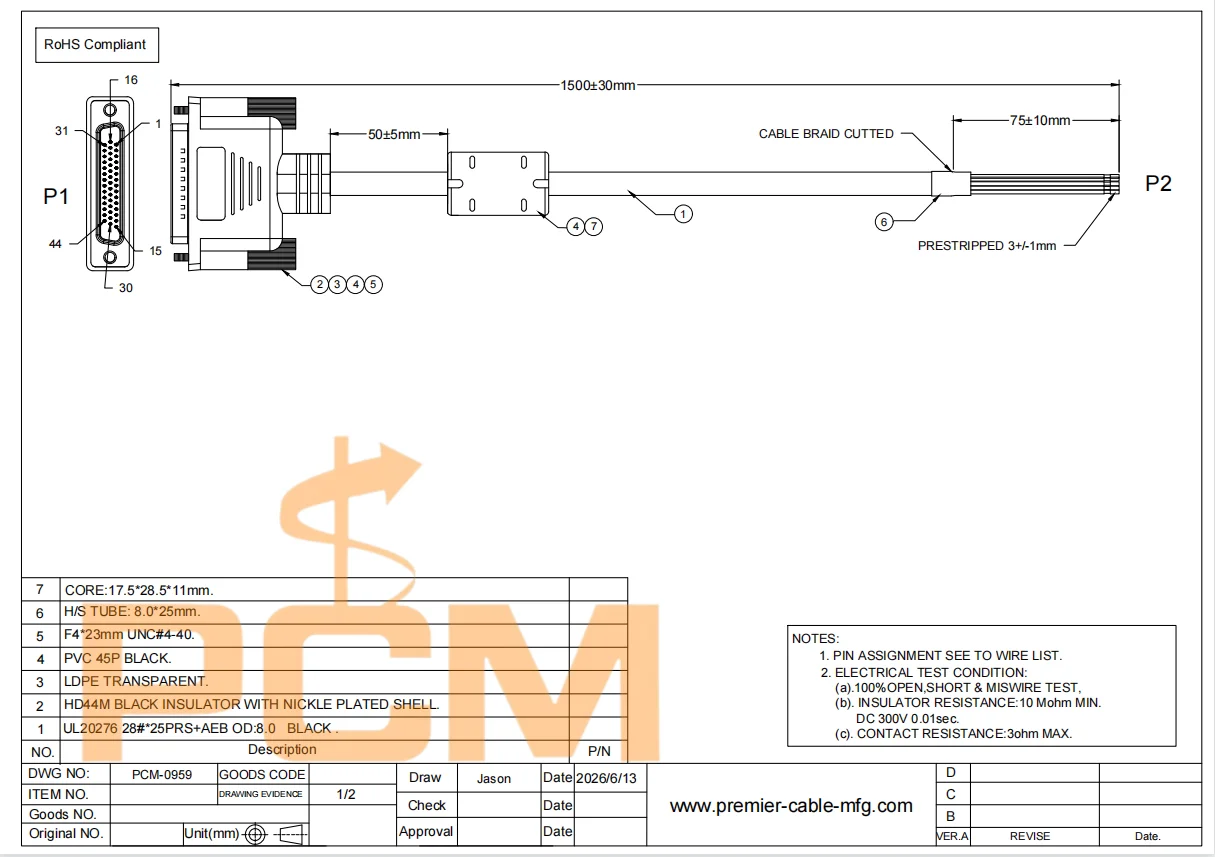 HD44 Stecker auf offenes Kabel, 44-poliges D-Sub Breakout-Kabel, Industriesteuerungs-Kabelbaum für SPS-Automatisierungssysteme – Detail 3