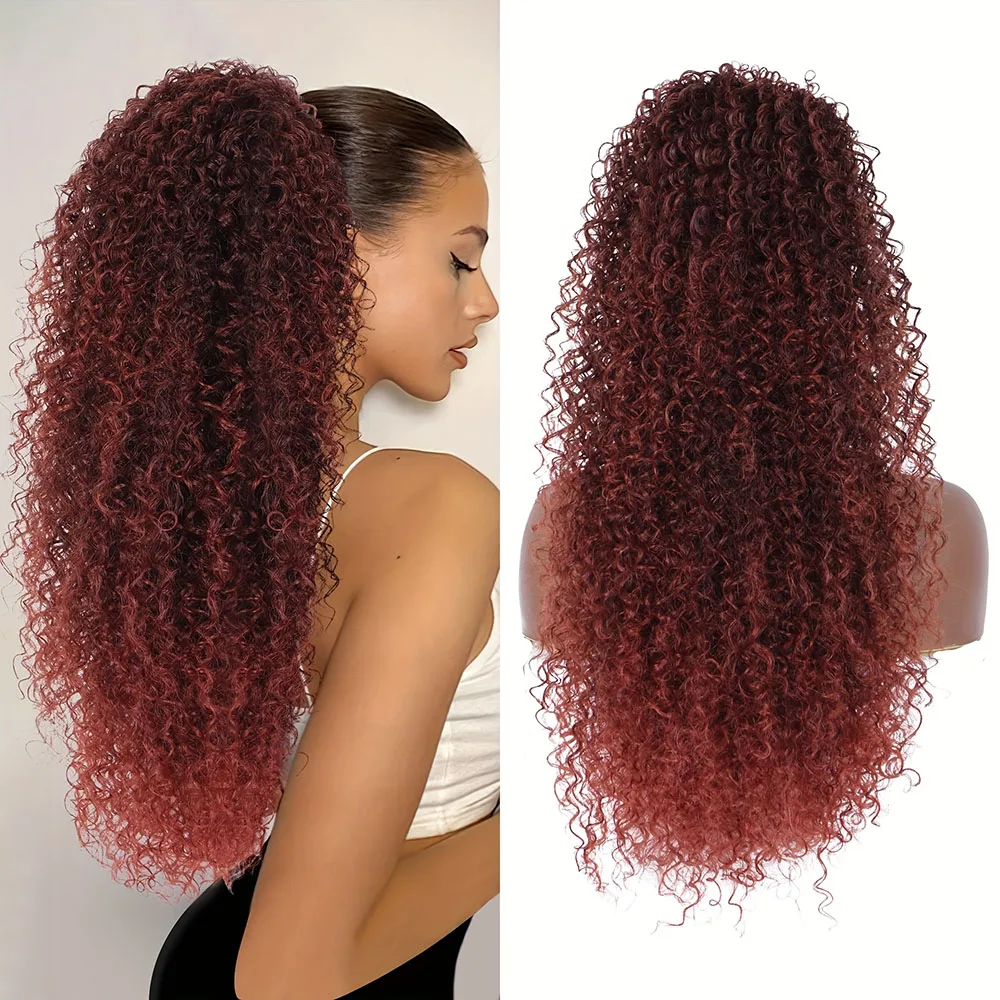 99J Burgundy Afro Curly Hair Pony Tail Drawstring Ponytail 100% Brazilian Remy Human Hair Ponytail Extensions For Womenr